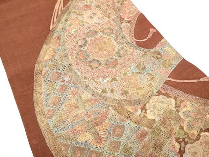 平和屋着物●中国三大刺繍　スワトウ相良刺繍　総刺繍　太鼓柄袋帯　紬地　絵巻飛鶴花文　正絹　逸品　CABF5255hy