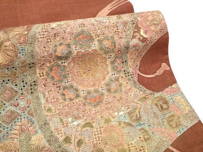 平和屋着物●中国三大刺繍　スワトウ相良刺繍　総刺繍　太鼓柄袋帯　紬地　絵巻飛鶴花文　正絹　逸品　CABF5255hy