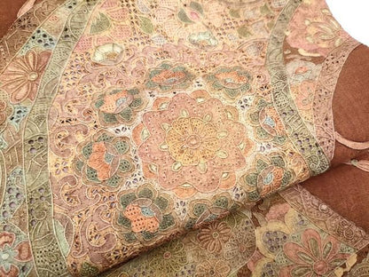 平和屋着物●中国三大刺繍　スワトウ相良刺繍　総刺繍　太鼓柄袋帯　紬地　絵巻飛鶴花文　正絹　逸品　CABF5255hy