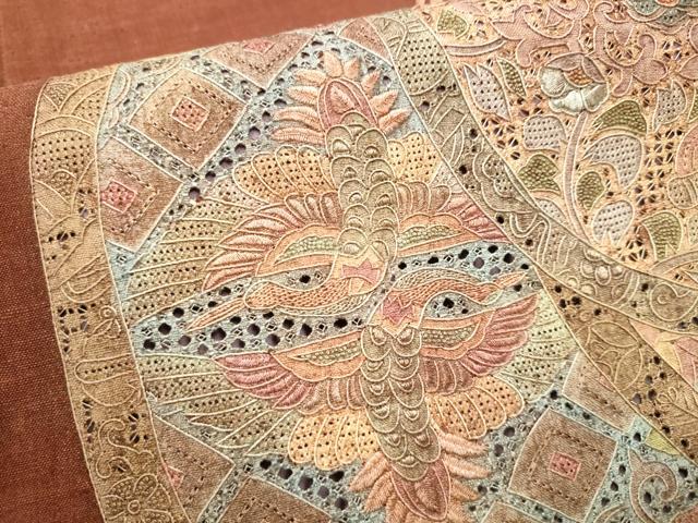 平和屋着物●中国三大刺繍　スワトウ相良刺繍　総刺繍　太鼓柄袋帯　紬地　絵巻飛鶴花文　正絹　逸品　CABF5255hy