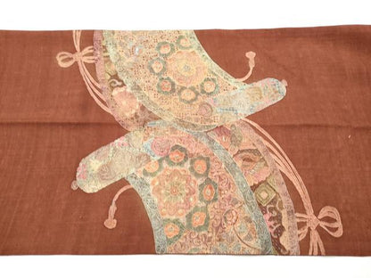 平和屋着物●中国三大刺繍　スワトウ相良刺繍　総刺繍　太鼓柄袋帯　紬地　絵巻飛鶴花文　正絹　逸品　CABF5255hy