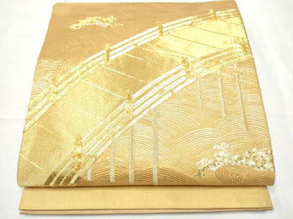 平和屋着物●西陣　紫鉱謹製　太鼓柄袋帯　駒刺繍　渡橋流水文　金糸　正絹　逸品　CABF5259hy