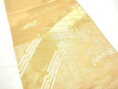 平和屋着物●西陣　紫鉱謹製　太鼓柄袋帯　駒刺繍　渡橋流水文　金糸　正絹　逸品　CABF5259hy
