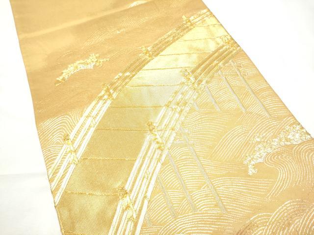 平和屋着物●西陣　紫鉱謹製　太鼓柄袋帯　駒刺繍　渡橋流水文　金糸　正絹　逸品　CABF5259hy