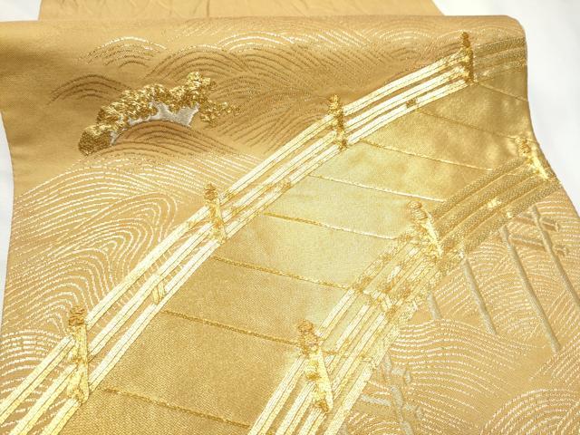 平和屋着物●西陣　紫鉱謹製　太鼓柄袋帯　駒刺繍　渡橋流水文　金糸　正絹　逸品　CABF5259hy