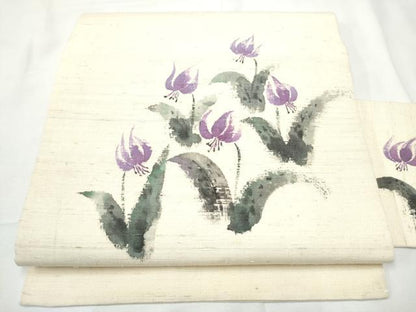 平和屋着物●九寸名古屋帯　作家物　手描き　紬地　草花文　正絹　逸品　CABF5271hy