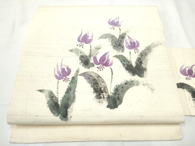 平和屋着物●九寸名古屋帯　作家物　手描き　紬地　草花文　正絹　逸品　CABF5271hy