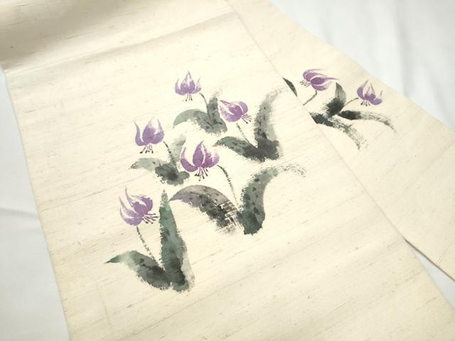 平和屋着物●九寸名古屋帯　作家物　手描き　紬地　草花文　正絹　逸品　CABF5271hy