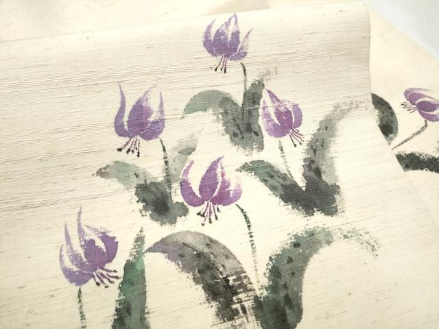 平和屋着物●九寸名古屋帯　作家物　手描き　紬地　草花文　正絹　逸品　CABF5271hy