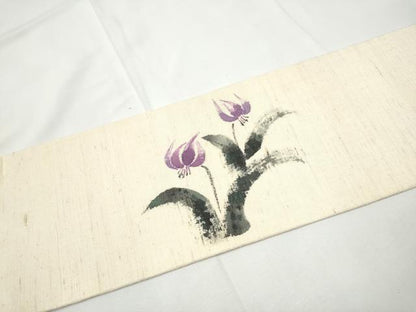 平和屋着物●九寸名古屋帯　作家物　手描き　紬地　草花文　正絹　逸品　CABF5271hy