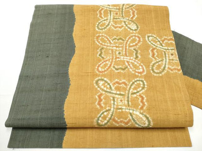 平和屋着物●九寸名古屋帯　絞り　生紬　幾何学文様　金彩　正絹　逸品　CABF5283hy