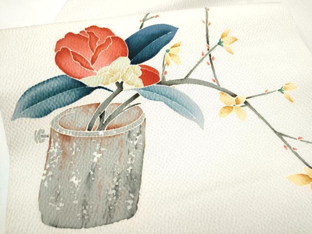 平和屋着物●九寸名古屋帯　友禅　作家物　陶器枝花文　鬼しぼ縮緬　正絹　逸品　CABF5288hy 平和屋着物○九寸名古屋帯 友禅 枝花文 鬼しぼ縮緬 正絹 逸品