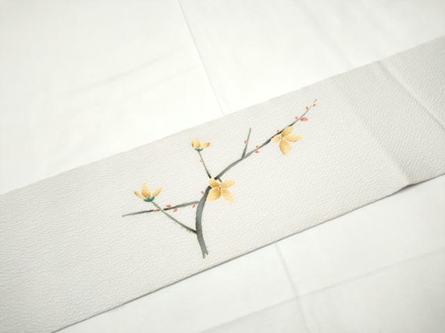 平和屋着物●九寸名古屋帯　友禅　作家物　陶器枝花文　鬼しぼ縮緬　正絹　逸品　CABF5288hy 平和屋着物○九寸名古屋帯 友禅 作家物 陶器枝花文 鬼