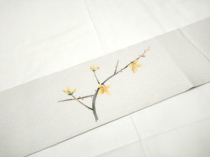 平和屋着物●九寸名古屋帯　友禅　作家物　陶器枝花文　鬼しぼ縮緬　正絹　逸品　CABF5288hy
