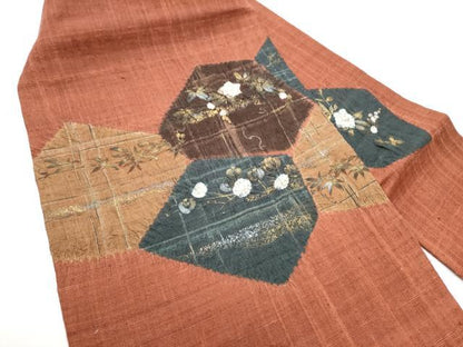 平和屋着物●九寸名古屋帯　絞り　生紬　草花文　金銀彩　正絹　逸品　CABF5292hy