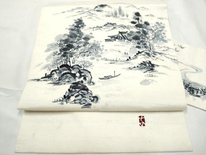 平和屋着物●九寸名古屋帯　作家物　手描き　紬地　風景文　正絹　逸品　CABF5295hy