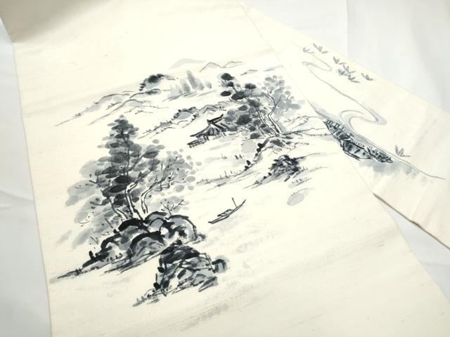 平和屋着物●九寸名古屋帯　作家物　手描き　紬地　風景文　正絹　逸品　CABF5295hy