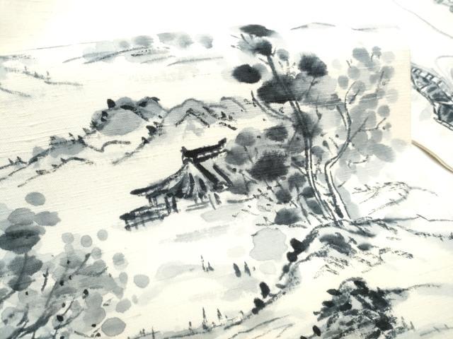 平和屋着物●九寸名古屋帯　作家物　手描き　紬地　風景文　正絹　逸品　CABF5295hy
