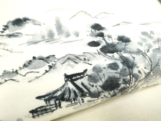 平和屋着物●九寸名古屋帯　作家物　手描き　紬地　風景文　正絹　逸品　CABF5295hy