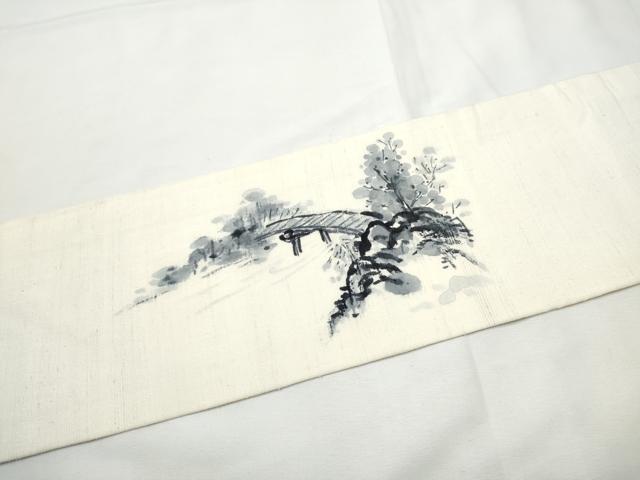 平和屋着物●九寸名古屋帯　作家物　手描き　紬地　風景文　正絹　逸品　CABF5295hy
