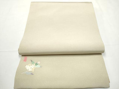 平和屋着物●本加賀友禅作家　柿本市郎　九寸開き名古屋帯　色無地　白像色　ワンポイント　草花文　正絹　逸品　CABF5305hy