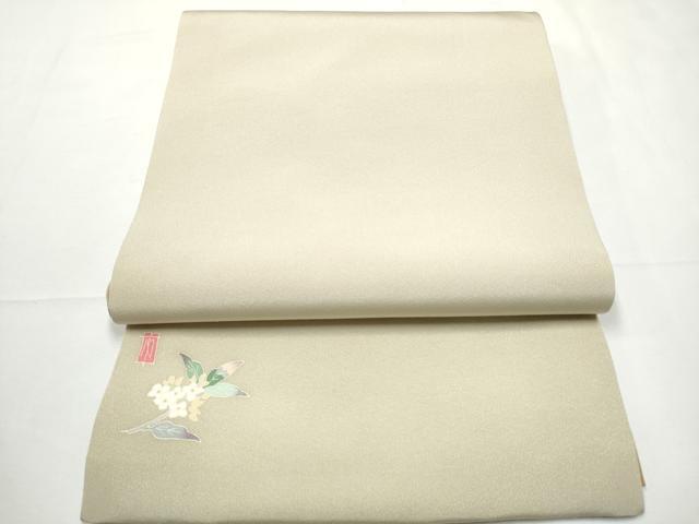 平和屋着物●本加賀友禅作家　柿本市郎　九寸開き名古屋帯　色無地　白像色　ワンポイント　草花文　正絹　逸品　CABF5305hy