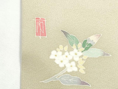 平和屋着物●本加賀友禅作家　柿本市郎　九寸開き名古屋帯　色無地　白像色　ワンポイント　草花文　正絹　逸品　CABF5305hy