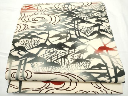 平和屋着物●全通柄袋帯　型染め　流水風景文　正絹　逸品　CABF5308hy