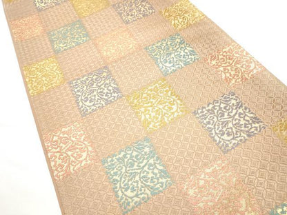 平和屋着物●六通柄袋帯　唐織　市松花唐草文　金糸　正絹　逸品　CABF5312hy