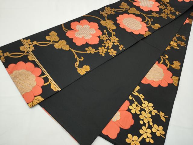 平和屋着物●全通柄　本袋帯　花唐草文　黒地　金糸　三越扱い　正絹　逸品　CABF5326hy