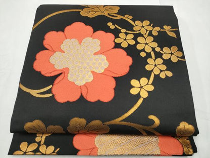 平和屋着物●全通柄　本袋帯　花唐草文　黒地　金糸　三越扱い　正絹　逸品　CABF5326hy