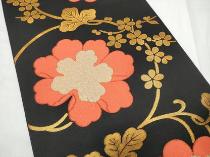平和屋着物●全通柄　本袋帯　花唐草文　黒地　金糸　三越扱い　正絹　逸品　CABF5326hy