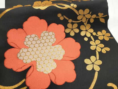 平和屋着物●全通柄　本袋帯　花唐草文　黒地　金糸　三越扱い　正絹　逸品　CABF5326hy