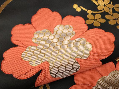 平和屋着物●全通柄　本袋帯　花唐草文　黒地　金糸　三越扱い　正絹　逸品　CABF5326hy