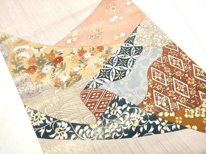 平和屋着物●太鼓柄袋帯　紬地　切嵌花蝶文　金彩　正絹　逸品　CABF5335hy