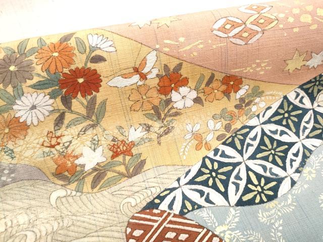 平和屋着物●太鼓柄袋帯　紬地　切嵌花蝶文　金彩　正絹　逸品　CABF5335hy 平和屋着物○太鼓柄袋帯 紬地 切嵌花蝶文 金彩 正絹