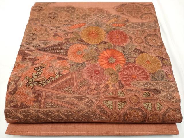 平和屋着物●中国三大刺繍　スワトウ相良刺繍　総刺繍　太鼓柄袋帯　紬地　風景草花文　正絹　逸品　CABF5339hy 平和屋着物○中国三大刺繍 スワトウ相良刺繍 総刺繍 太鼓柄袋帯 紬地