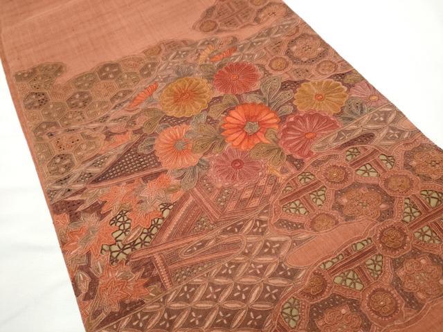 平和屋着物○中国三大刺繍 スワトウ相良刺繍 総刺繍 太鼓柄袋帯