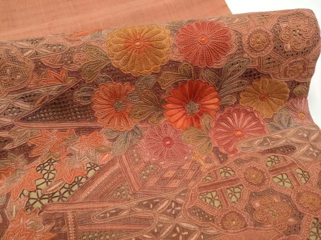 平和屋着物●中国三大刺繍　スワトウ相良刺繍　総刺繍　太鼓柄袋帯　紬地　絵巻飛鶴花文　正絹　逸品　CABF5255hy 平和屋着物○中国三大刺繍 スワトウ相良刺繍 総刺繍 太鼓柄袋帯 紬地