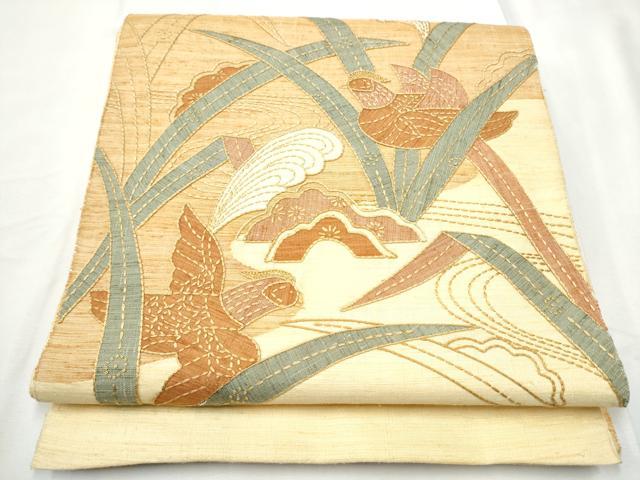 平和屋着物●中国三大刺繍　相良刺繍　太鼓柄袋帯　紬地　刺し子　パッチワーク　花蝶文　正絹　逸品　CABF5346hy