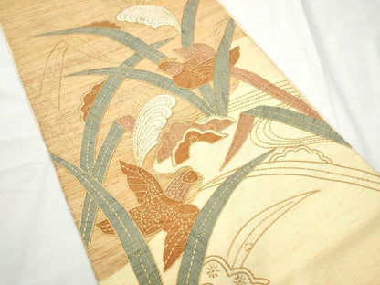 平和屋着物●中国三大刺繍　相良刺繍　太鼓柄袋帯　紬地　刺し子　パッチワーク　花蝶文　正絹　逸品　CABF5346hy