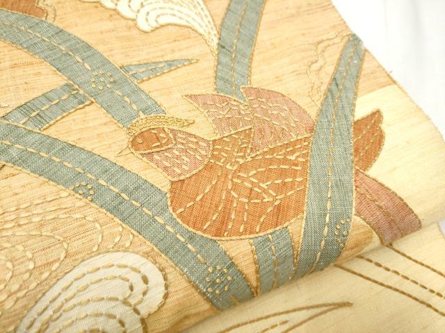 平和屋着物●中国三大刺繍　相良刺繍　太鼓柄袋帯　紬地　刺し子　パッチワーク　花蝶文　正絹　逸品　CABF5346hy
