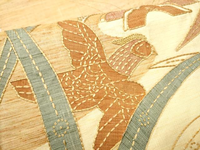 平和屋着物●中国三大刺繍　相良刺繍　太鼓柄袋帯　紬地　刺し子　パッチワーク　花蝶文　正絹　逸品　CABF5346hy