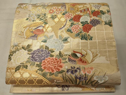 平和屋着物◎六通柄袋帯　唐織　鴛鴦御所車花松文　金糸　正絹　逸品　CABF5601oy