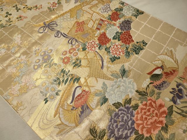平和屋着物◎六通柄袋帯　唐織　鴛鴦御所車花松文　金糸　正絹　逸品　CABF5601oy