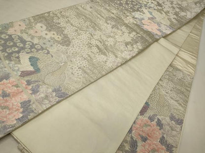 平和屋着物◎六通柄袋帯　唐織　プラチナ箔　慶長富貴孔雀文　正絹　逸品　CABF5622oy