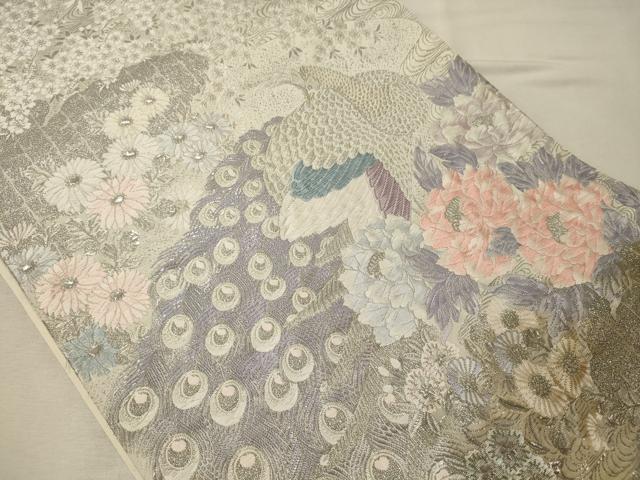 平和屋着物◎六通柄袋帯　唐織　プラチナ箔　慶長富貴孔雀文　正絹　逸品　CABF5622oy