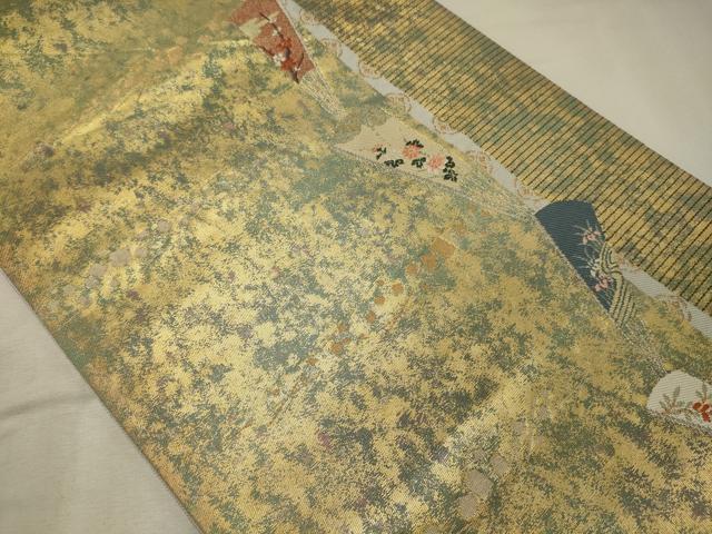 平和屋着物◎六通柄袋帯　唐織　引箔手織錦　扇面花文　金銀糸　正絹　逸品　CABF5626oy