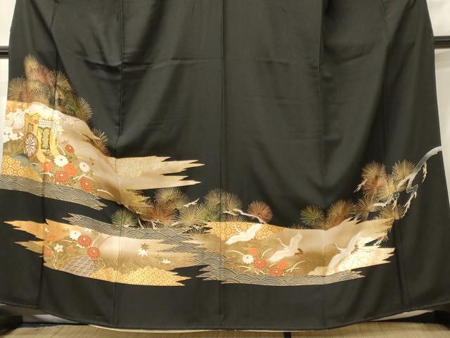 平和屋着物■豪華黒留袖　駒刺繍　御所車花松葉文　金銀彩　正絹　逸品　CABF5742oy
