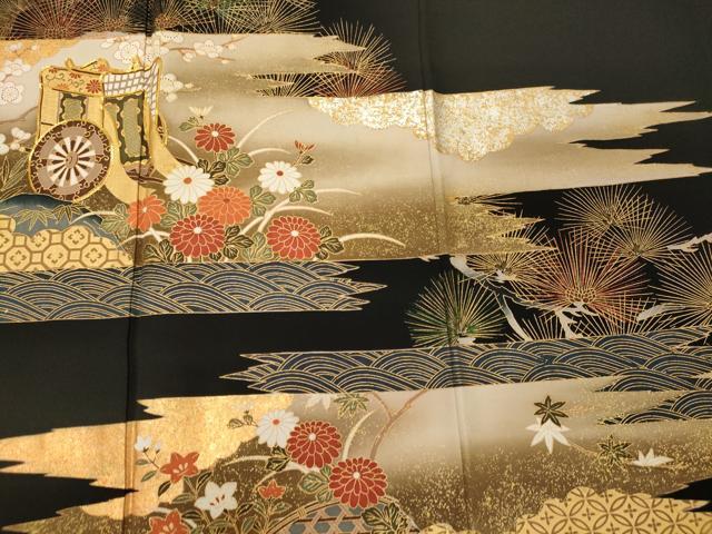平和屋着物■豪華黒留袖　駒刺繍　御所車花松葉文　金銀彩　正絹　逸品　CABF5742oy